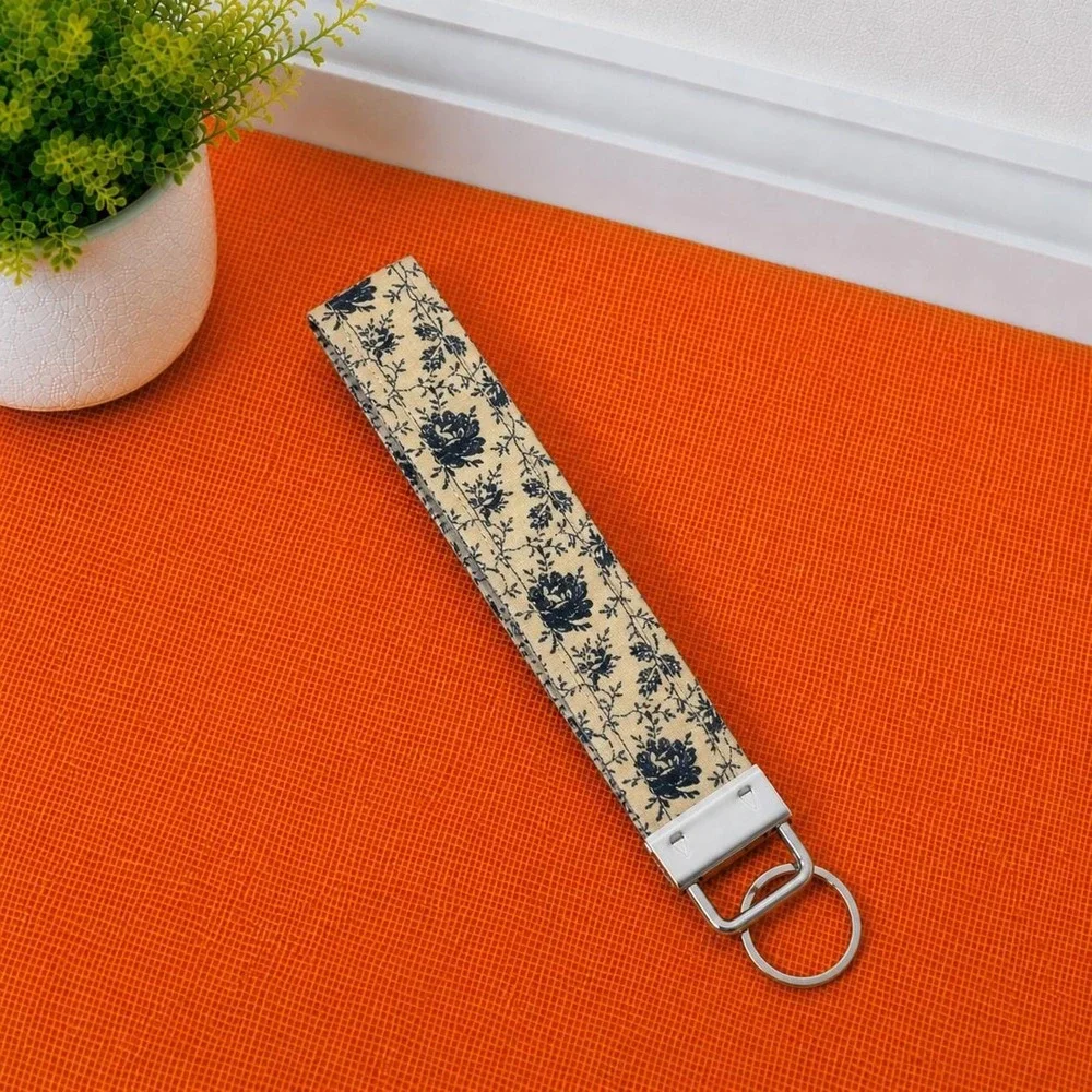 Floral Key Fob Wristlet, Fabric Keychain Wrist Strap, Neutral Beige Black Flower